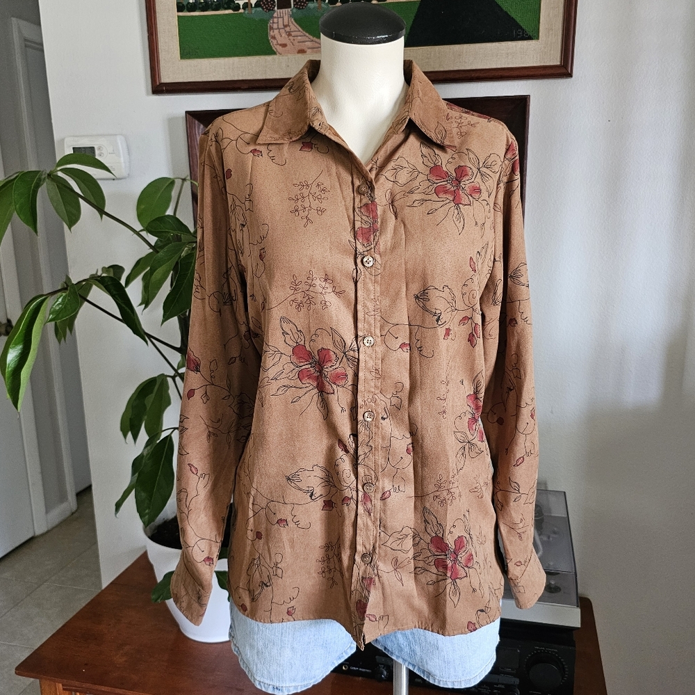 White Stag faux suede brown retro western boho long-sleeve button-down shirt